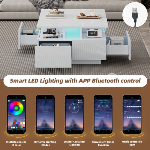 Table à Thé De Salon, Avec LED, Avec 4 Tiroirs, Avec Design Géométrique, 70 X 70 X 40 Cm, Blanc