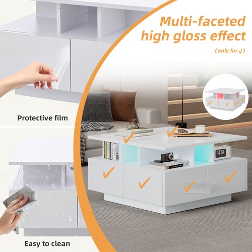 Table à Thé De Salon, Avec LED, Avec 4 Tiroirs, Avec Design Géométrique, 70 X 70 X 40 Cm, Blanc