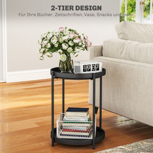 Table D'appoint Ronde, Table Basse à 2 Niveaux,cadre En Acier, Bout De Canapé Amovible, Noir