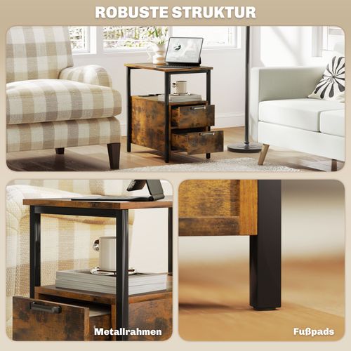 Table D'appoint Étroite Avec 2 Tiroirs, Ports USB Et Prises De Courant, Pour Salon, Chambre, Marron