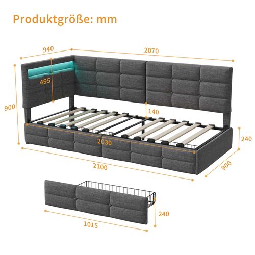 Lit Enfant 90x200 Avec 2 Tiroirs,1 Place Avec LED Et Port USB, Avec Sommier Á Lattes, Lin, Gris