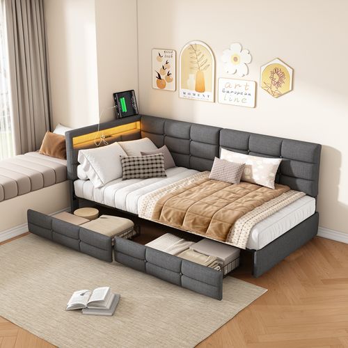 Lit Enfant 90x200 Avec 2 Tiroirs,1 Place Avec LED Et Port USB, Avec Sommier Á Lattes, Lin, Gris