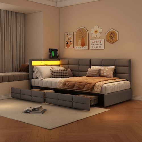 Lit Enfant 90x200 Avec 2 Tiroirs,1 Place Avec LED Et Port USB, Avec Sommier Á Lattes, Lin, Gris