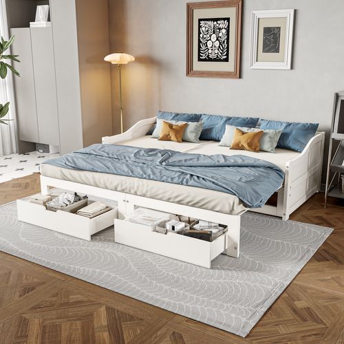 Canapé-lit 2 Places 90/180 X 200 Cm Avec Tiroirs Et Sommier à Lattes, Cadre Extensible, Blanc