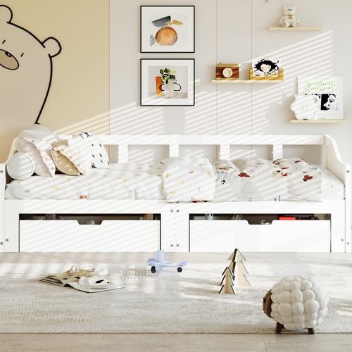 Canapé-lit 2 Places 90/180 X 200 Cm Avec Tiroirs Et Sommier à Lattes, Cadre Extensible, Blanc