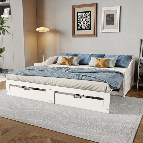 Canapé-lit 2 Places 90/180 X 200 Cm Avec Tiroirs Et Sommier à Lattes, Cadre Extensible, Blanc