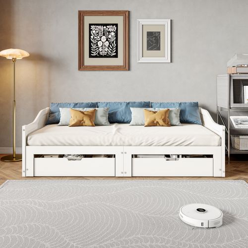 Canapé-lit 2 Places 90/180 X 200 Cm Avec Tiroirs Et Sommier à Lattes, Cadre Extensible, Blanc