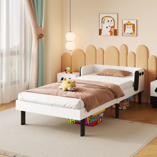 Lit Enfant 90x200 Cm, Lit Pour Enfants Aver Barrière Et Sommier à Lattes, Bois Massif Pin, Blanc