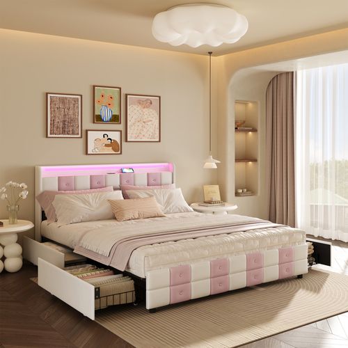 Lit Double 140x200 Cm, Velours Blanc Et Rose Avec Sommier, LED, Ports USB Et 4 Tiroirs De Rangement