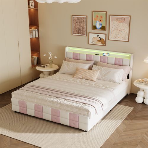 Lit Double 140x200 Cm, Velours Blanc Et Rose Avec Sommier, LED, Ports USB Et 4 Tiroirs De Rangement