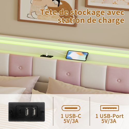 Lit Double 140x200 Cm, Velours Blanc Et Rose Avec Sommier, LED, Ports USB Et 4 Tiroirs De Rangement