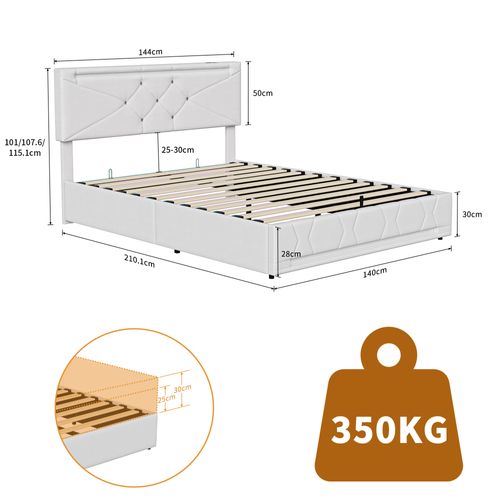Lit Coffre 140 X 200 Cm Avec Sommier à Lattes, Lit Double Rembourré Avec LED Et USB, Lin, Beige