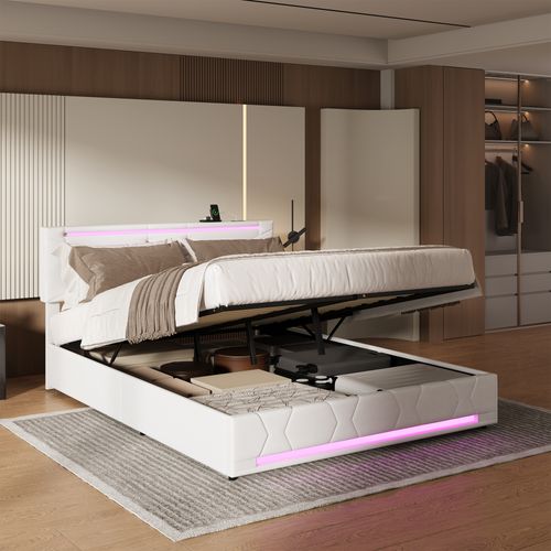 Lit Coffre 140 X 200 Cm Avec Sommier à Lattes, Lit Double Rembourré Avec LED Et USB, Lin, Beige