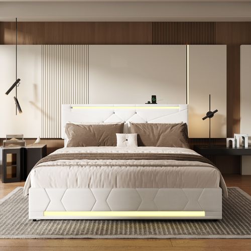 Lit Coffre 140 X 200 Cm Avec Sommier à Lattes, Lit Double Rembourré Avec LED Et USB, Lin, Beige