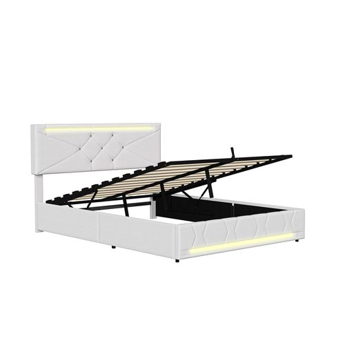 Lit Coffre 140 X 200 Cm Avec Sommier à Lattes, Lit Double Rembourré Avec LED Et USB, Lin, Beige