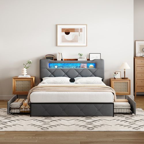 Lit 160x200 Sommier LED Et USB, Capitonné Avec 3 Tiroirs, Tete De Lit Avec Rangement, Velours, Gris