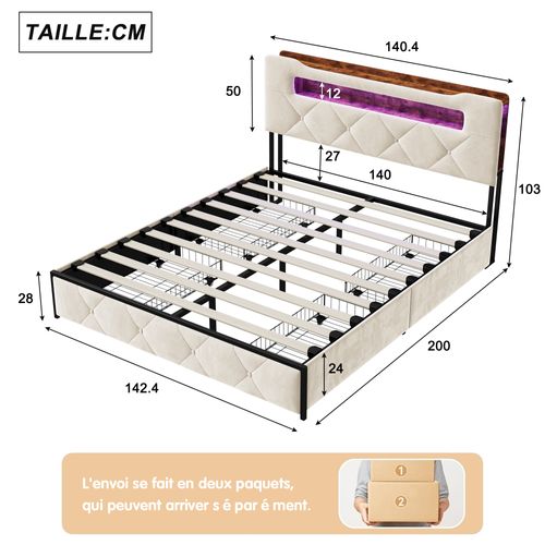 Lit 140x200 Sommier LED Et USB, Capitonné Avec 3 Tiroirs, Tete De Lit Avec Rangement, Velours, Beige