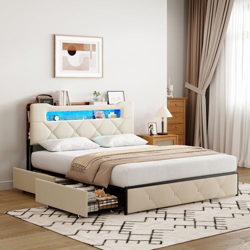 Lit 160x200 Sommier LED Et USB, Capitonné Avec 3 Tiroirs, Tete De Lit Avec Rangement, Velours, Beige