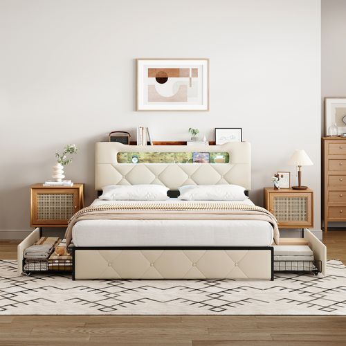 Lit 160x200 Sommier LED Et USB, Capitonné Avec 3 Tiroirs, Tete De Lit Avec Rangement, Velours, Beige