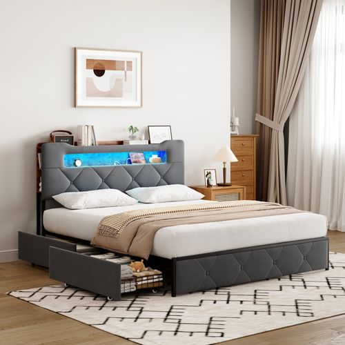Lit 140x190 Sommier LED Et USB, Capitonné Avec 3 Tiroirs, Tete De Lit Avec Rangement, Velours, Gris
