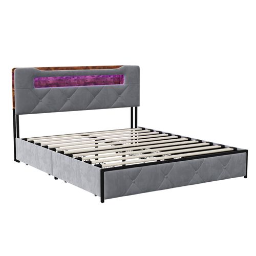Lit 140x190 Sommier LED Et USB, Capitonné Avec 3 Tiroirs, Tete De Lit Avec Rangement, Velours, Gris
