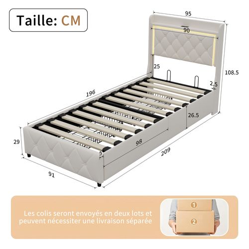 Lit Coffre 90x200 Cm Avec LED, Ports USB, 2 Tiroirs Et Tête De Lit à Rangement, Sommier Inclus,beige