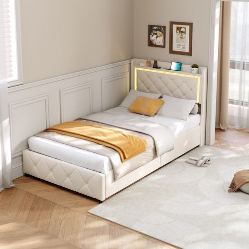 Lit Coffre 90x200 Cm Avec LED, Ports USB, 2 Tiroirs Et Tête De Lit à Rangement, Sommier Inclus,beige
