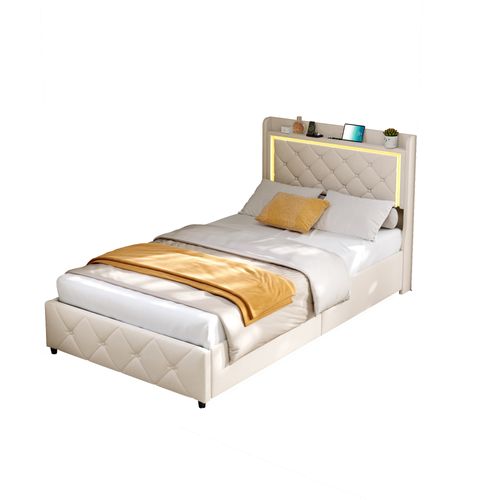 Lit Coffre 90x200 Cm Avec LED, Ports USB, 2 Tiroirs Et Tête De Lit à Rangement, Sommier Inclus,beige