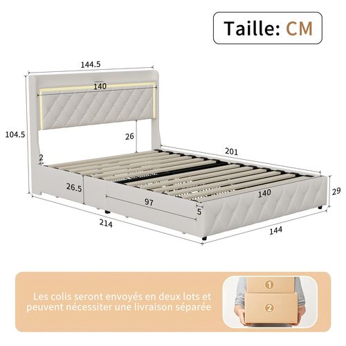 Lit Coffre 140x200 Cm Avec LED, Ports USB, Tiroirs Et Tête De Lit à Rangement, Sommier Inclus,beige