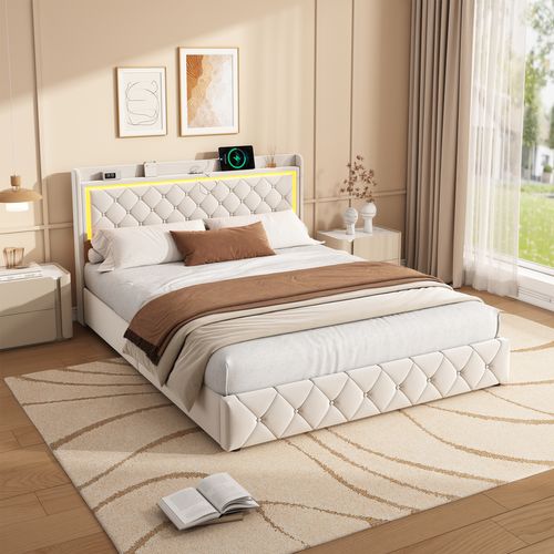 Lit Coffre 140x200 Cm Avec LED, Ports USB, Tiroirs Et Tête De Lit à Rangement, Sommier Inclus,beige