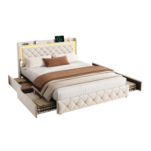 Lit Coffre 140x200 Cm Avec LED, Ports USB, Tiroirs Et Tête De Lit à Rangement, Sommier Inclus,beige