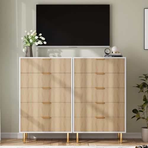 Commode 5 Tiroirs Design Moderne, Meuble De Rangement Kaki Pour Chambre, Salon Ou Couloir