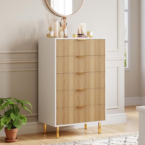 Commode 5 Tiroirs Design Moderne, Meuble De Rangement Kaki Pour Chambre, Salon Ou Couloir