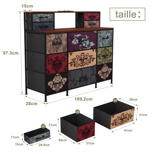Commode 9 Tiroirs En Tissu, Meuble TV Et Rangement Multicolore Pour Chambre, Entrée Ou Couloir