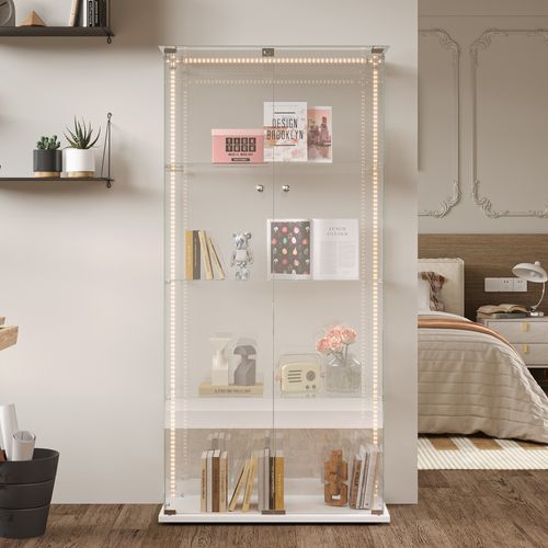 Vitrine En Verre, Vitrine,armoire De Collection Avec LED,4étagères Et2 Portes, 78x35 X163 Cm, Blanc