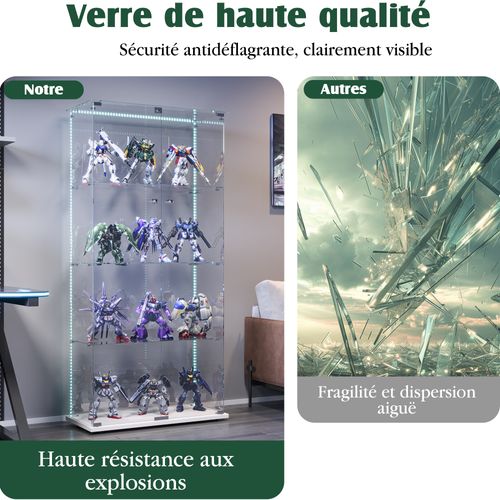 Vitrine En Verre, Vitrine,armoire De Collection Avec LED,4étagères Et2 Portes, 78x35 X163 Cm, Blanc