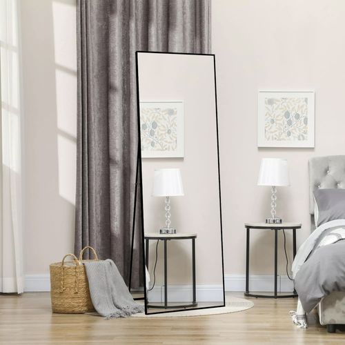 Miroir Pleine Longueur Incassable 63 X 173 Cm, Sur Pied Ou Mural, Grand Miroir De Sol Noir