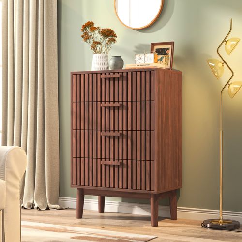 Commode à 4 Tiroirs, Avec Poignée En Bois Et Pieds De Support,couleur Noyer, 60 X 34 X 91 Cm