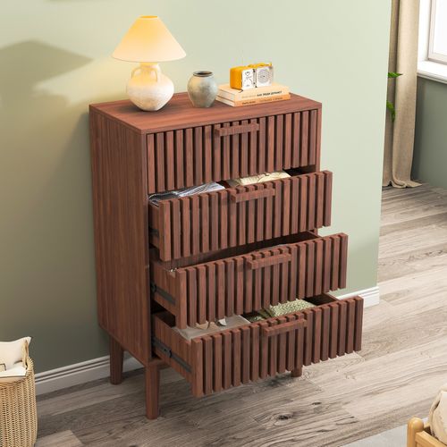 Commode à 4 Tiroirs, Avec Poignée En Bois Et Pieds De Support,couleur Noyer, 60 X 34 X 91 Cm