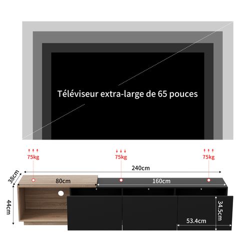 Meuble TV Noir Avec LED Intégré, Armoire De Télévision, Pour Salon Et Chambre, 240 X 38 X 44cm, Noir