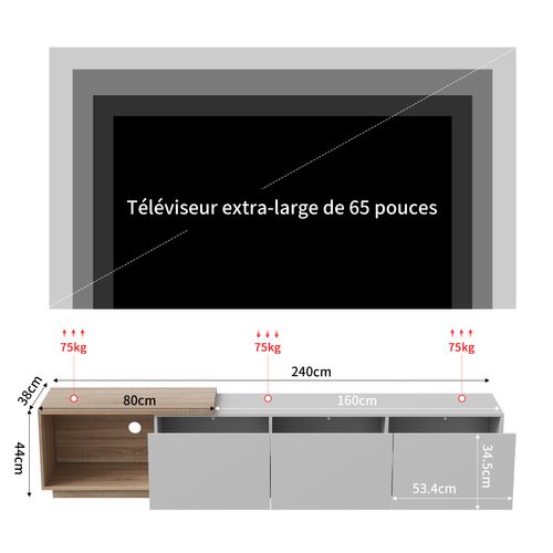 Meuble TV Noir Avec LED Intégré, Armoire De Télévision, Pour Salon Et Chambre, 240 X 38 X 44cm,Blanc