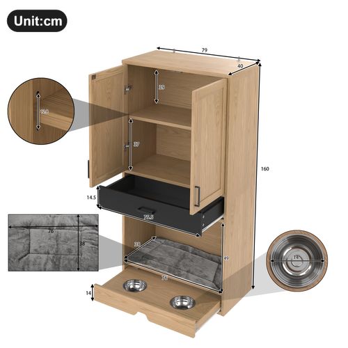 Armoire Multifonction Pour Animaux, 160 Cm, Avec Station De Nourriture, Lit, Rangement Et Crochets