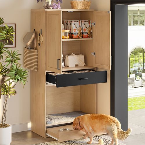 Armoire Multifonction Pour Animaux, 160 Cm, Avec Station De Nourriture, Lit, Rangement Et Crochets