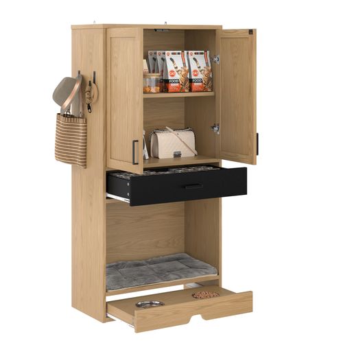 Armoire Multifonction Pour Animaux, 160 Cm, Avec Station De Nourriture, Lit, Rangement Et Crochets
