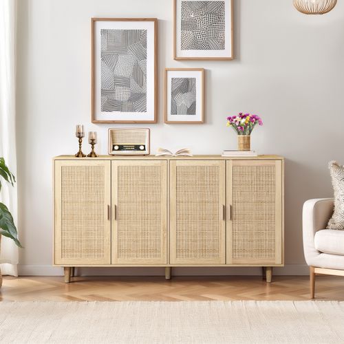 Buffet Rotin Avec 4 Portes, Meuble De Rangement Console Bois, Pour Salle à Manger, Salon, Naturel