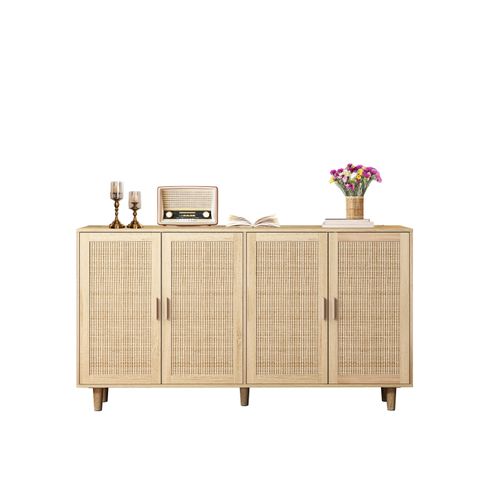 Buffet Rotin Avec 4 Portes, Meuble De Rangement Console Bois, Pour Salle à Manger, Salon, Naturel