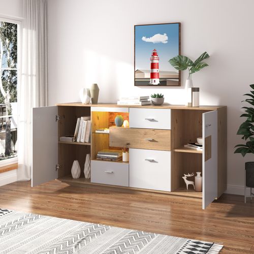 Buffet Salle à Manger, Avec LED Rangement, Portes E Tiroirs, Étagères En Verre, 160 X40x77cm, Blanc