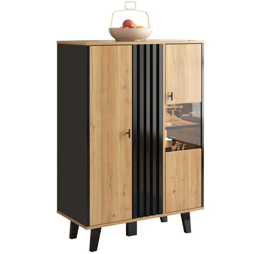 Buffet Noir Et Bois Avec Compartiments De Rangement, Vitrine Avec Verre Et LED, Pour Salon, Chambre