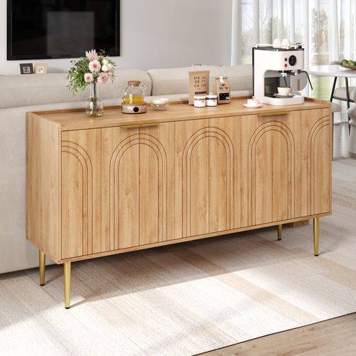 Buffet à 4 Portes Avec Pieds En Métal Doré, En Bois Naturel, 140 X 75 X 38 Cm, Pour Cuisine Ou Salon
