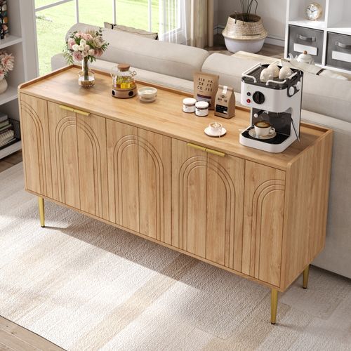 Buffet à 4 Portes Avec Pieds En Métal Doré, En Bois Naturel, 140 X 75 X 38 Cm, Pour Cuisine Ou Salon